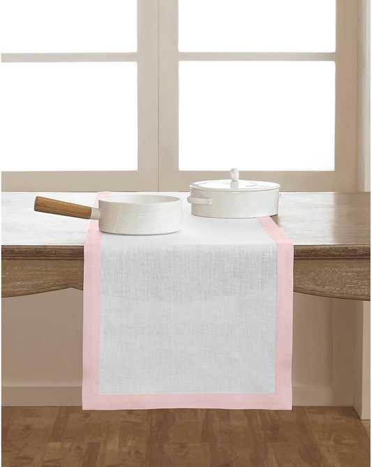 Solino Home Linen Table Runner 90 Inches Long - 100% Pure Linen Blush Pink and White Dining Table Runner 14 x 90 Inch for Halloween - Classic
