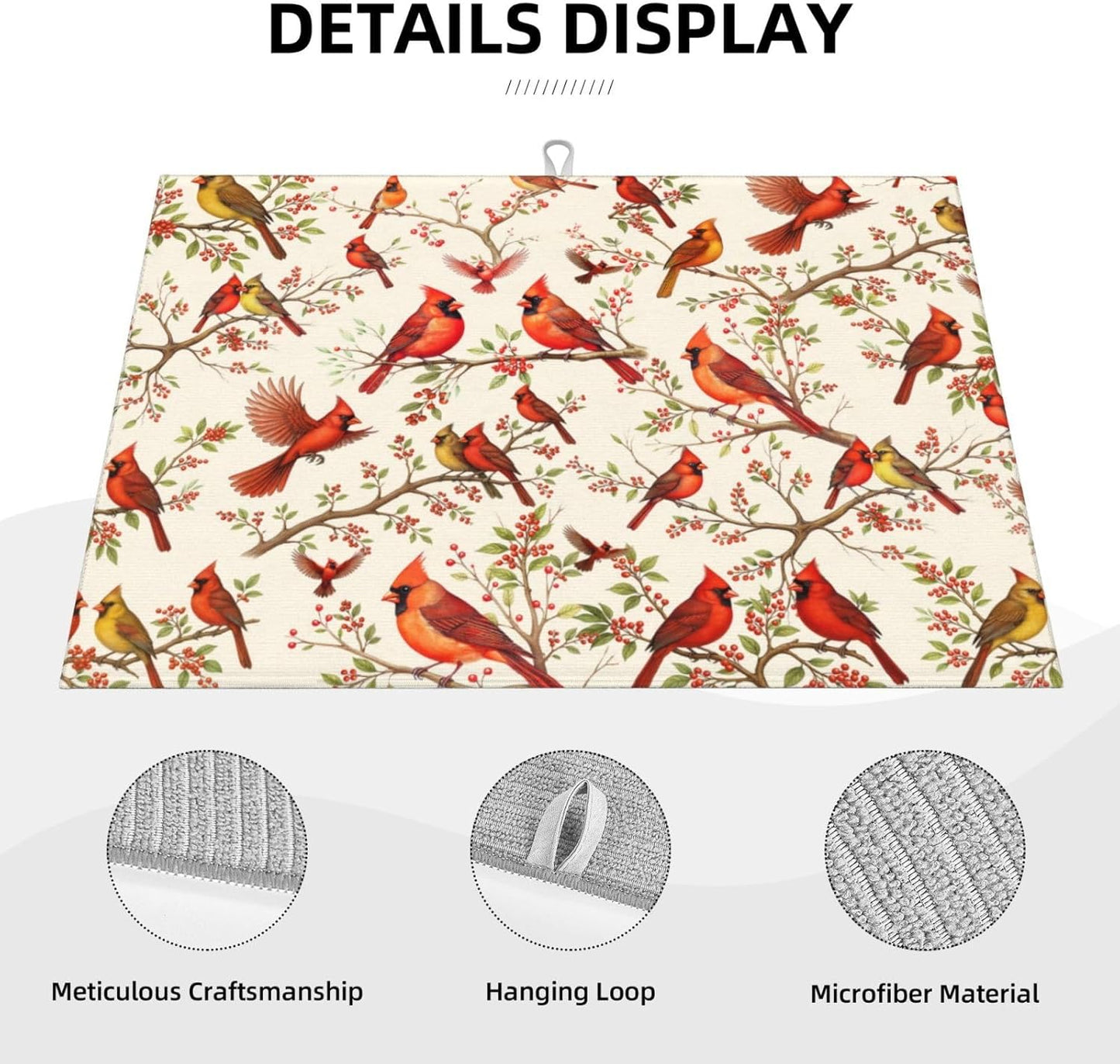 Red Cardinal Bird Floral Dish Drying Mats for Kitchen Counter & Sink, Absorbent Microfiber Cardinal Drying Pad for Dishes, 18" x 24" Foldable Kitchen Mat for Dining Area, Christmas Gifts, Home Decor