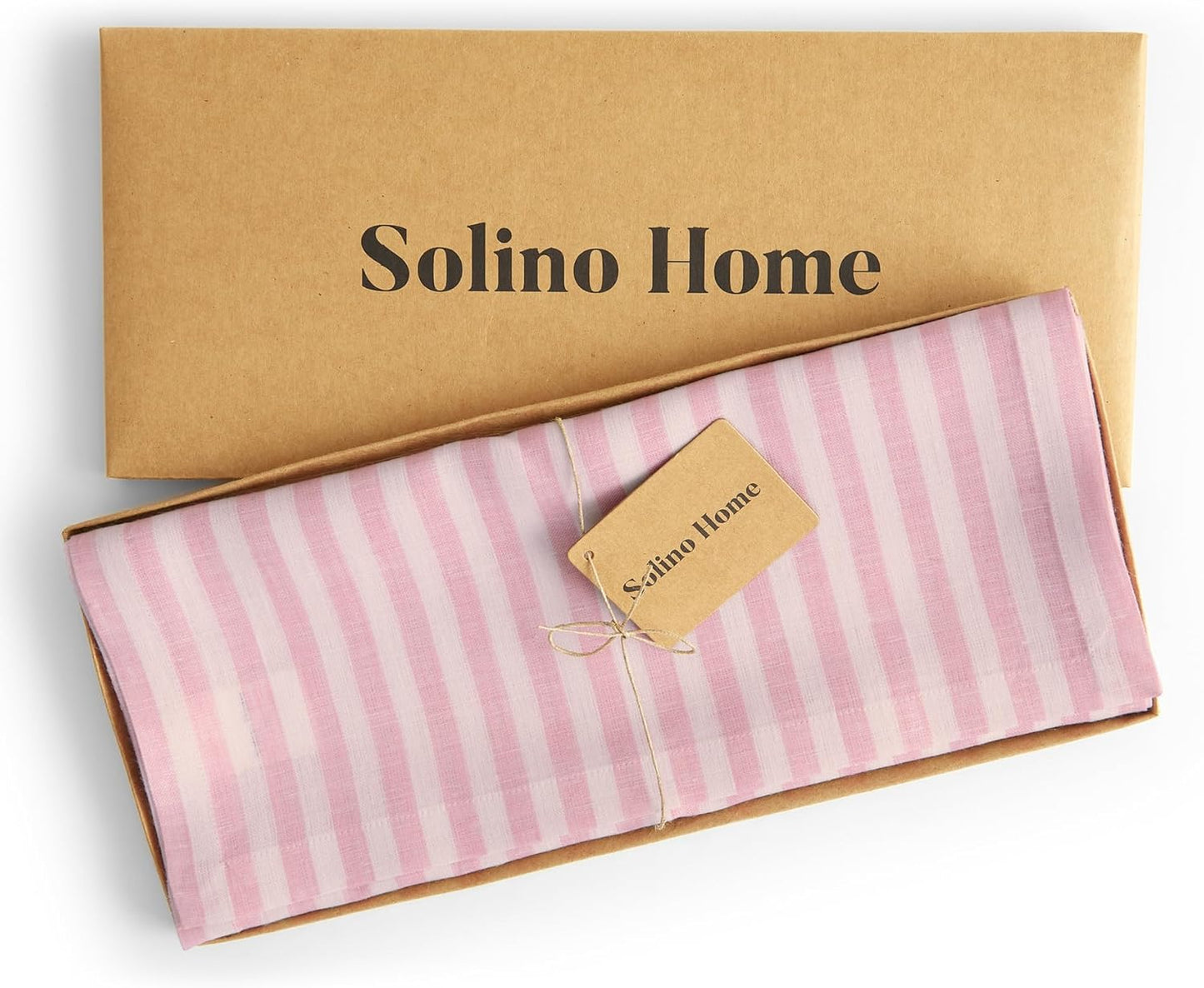 Solino Home Striped Linen Table Runner 60 Inches - Amalfi Stripe, 100% Pure Linen Cherry Blossom and White Small Table Runner 14 x 60 Inch Ideal for Dresser and Coffee Tables