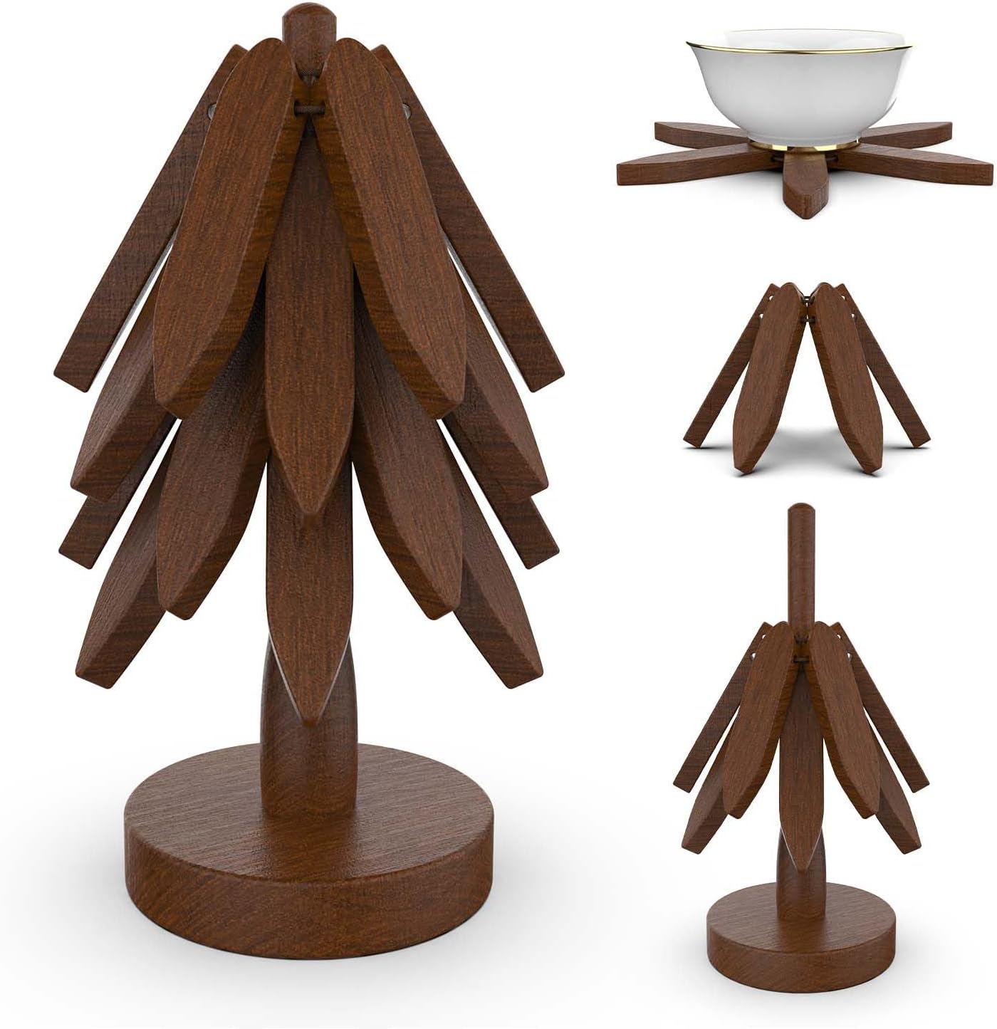 Wooden Trivets for Hot Dishes, Tree Shape Trivet Set, 4 Wooden Trivets+1 Stand, Natural Foldable Kitchen Wooden Trivet for Hot Dishes, Pot, Bowl, Teapot, Hot Pot Holders