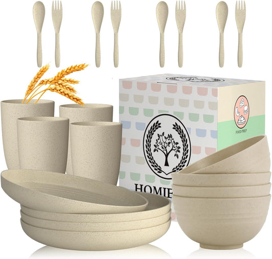 Homienly Wheat Straw Dinnerware Sets, 20pcs Lightweight Unbreakable Dinnerware, Microwave Dishwasher Safe Bowls Cups Forks Spoons set,Perfect for Camping Outdoor, Beige