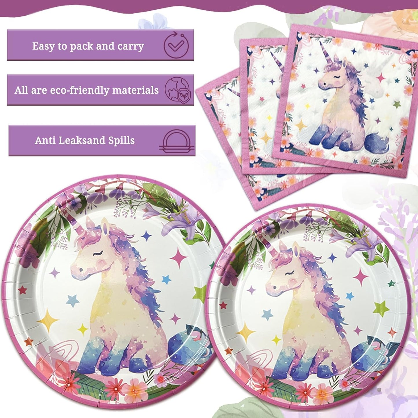175 PCS Unicorn Birthday Plates and Napkins Sets Includes Disposable Plates Dessert Plates Napkins Cups Plastic Knives Forks Spoons Disposable Dinnerware Set For Unicorn Party (25 Guest)