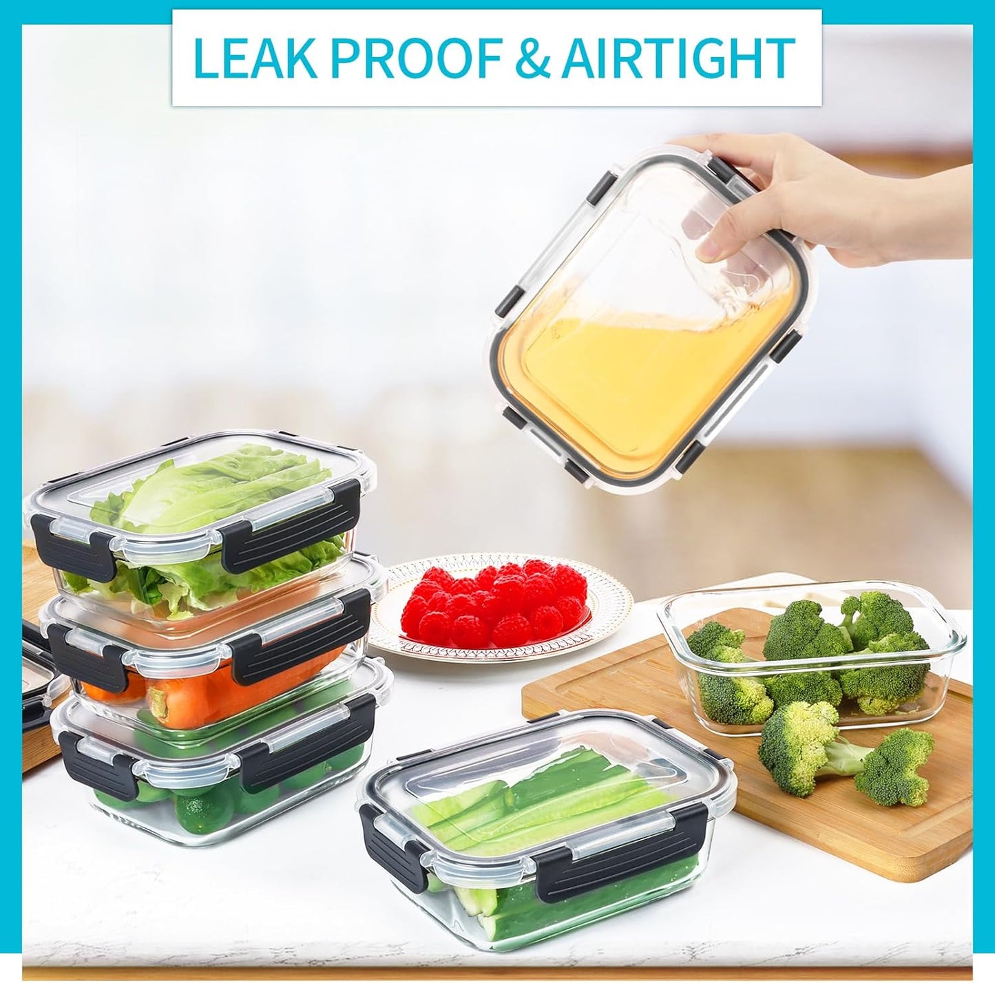 Skroam 10 Pack Glass Meal Prep Containers, 22 OZ Glass Airtight Food Storage Containers with Lids, Pantry Kitchen Storage Containers for Lunch, Food Storage, Meal Prep, Lunch Bento Boxes