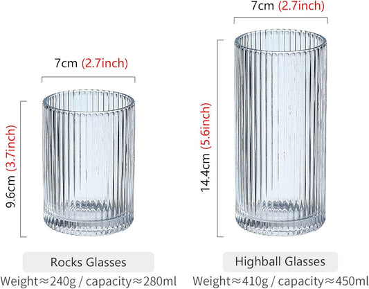 Drinking Glasses with Origami Style Set of 4 Glass Cups, 12 oz Ribbed Glassware, Highball Glass Cups, Elegant Art Deco Ripple Vintage Glassware, Juice Glasses, Ideal for Cocktail, Beer