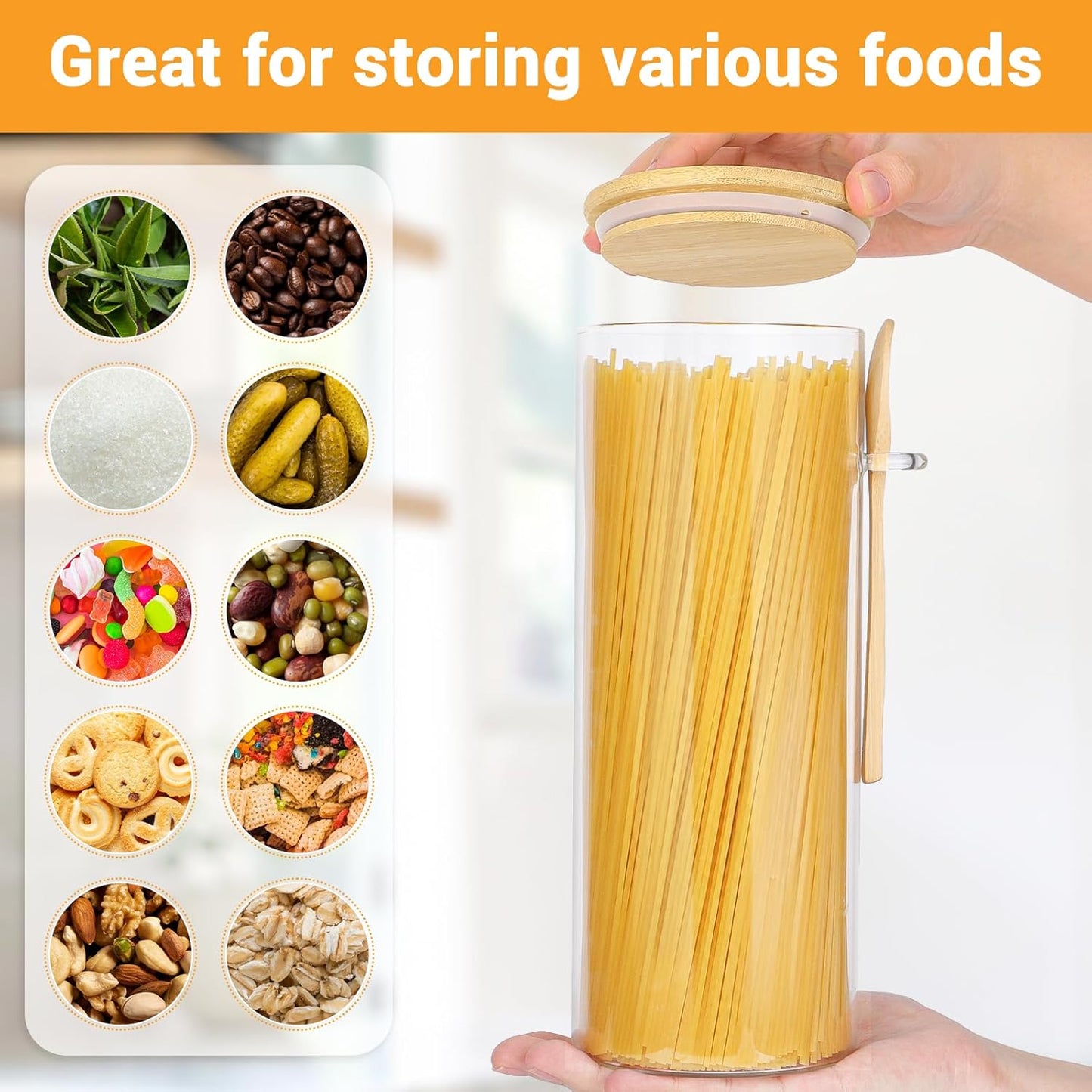 Glass Storage Jars with Lids - 2 Pack 54 Fl.oz Round Glass Pasta Containers with Airtight Bamboo Lids and Spoon, Includes Labels, Marker and Brush, Large Kitchen Jar for Cereal, Rice, Flour