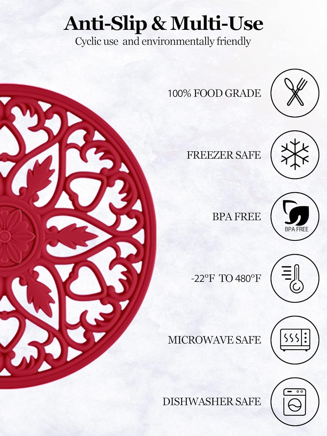 SMARTAKE 6 Set Silicone Trivets, Multi-Use Carved Trivet, Insulated Non-Slip Durable Kitchen Mats, Flexible Modern Kitchen Table Mat, for Hot Dishes, Pots, Dining Countertop, Red