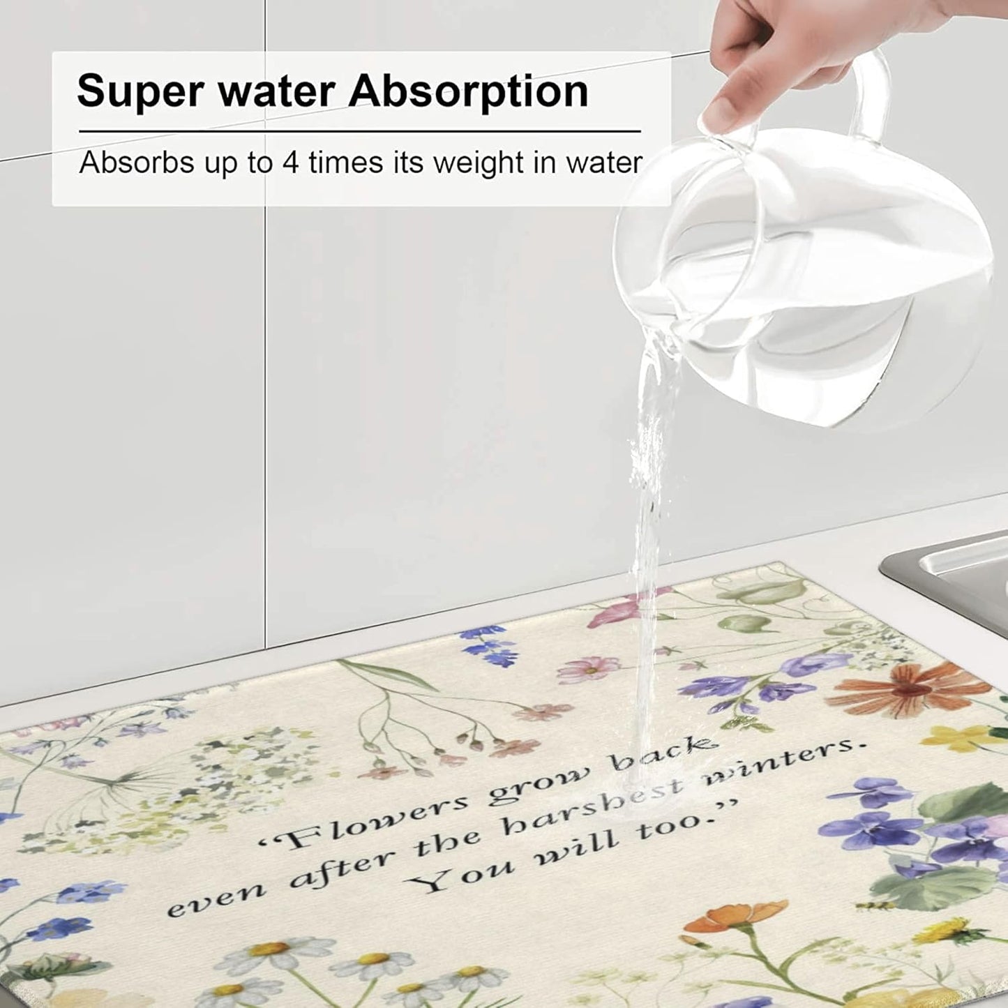 Inspirational Flower Language Dish Drying Mat 18x24 Inch, Microfiber Absorbent Fast Dry Mat Daisy Floral Large Dish Mat Drying Kitchen Mat, Kitchen Drying Pad for Kitchen Counter Decor