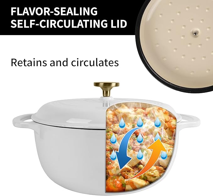 Premium Enameled Cast Iron Dutch Oven for Bread Baking | Non-Stick 2QT Oval Bread Oven with Lid | Perfect for Sourdough, Loaf, and Artisan Baking (Round White, 5.5 QT)