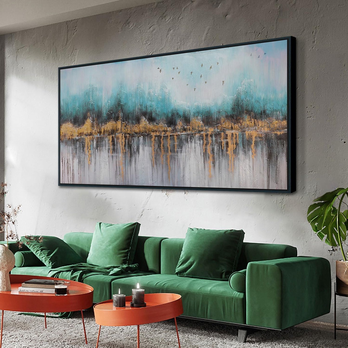 Ardemy Abstract Wall Art for Living Room Large Framed Teal Pictures Wall Decor Canvas Art Landscape Paintings Textured Artwork Wall Art for Men Bedroom Home Office, 40"x20"