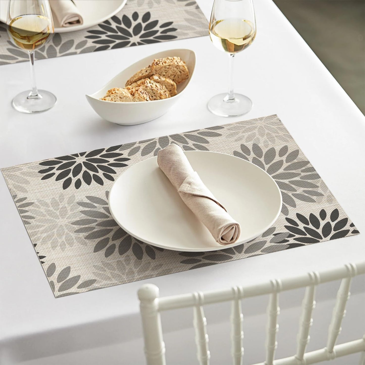 Artoid Mode Floral Vinyl Placemats Set of 6, Heat Resistant Washable Non-Slip Plistic PVC Place Mats for Halloween Party Kitchen Dining Decor, Gray