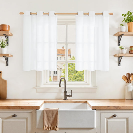 YoungsTex Short White Linen Curtains 30 Inch Length for Kitchen Bronze Grommet Light Filtering Small Drapes Window Decorative for Cafe Loft, 42 X 30 Inch, 2 Panels