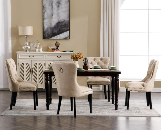 Beige Leather Dining Chairs Set of 4 Mid Century Modern Tufted Chairs Armless Rubber Wood Vintage Chairs Upholstered Nailhead PU Side Chair with Pull Ring for Kitchen/Cafe Decor Furniture