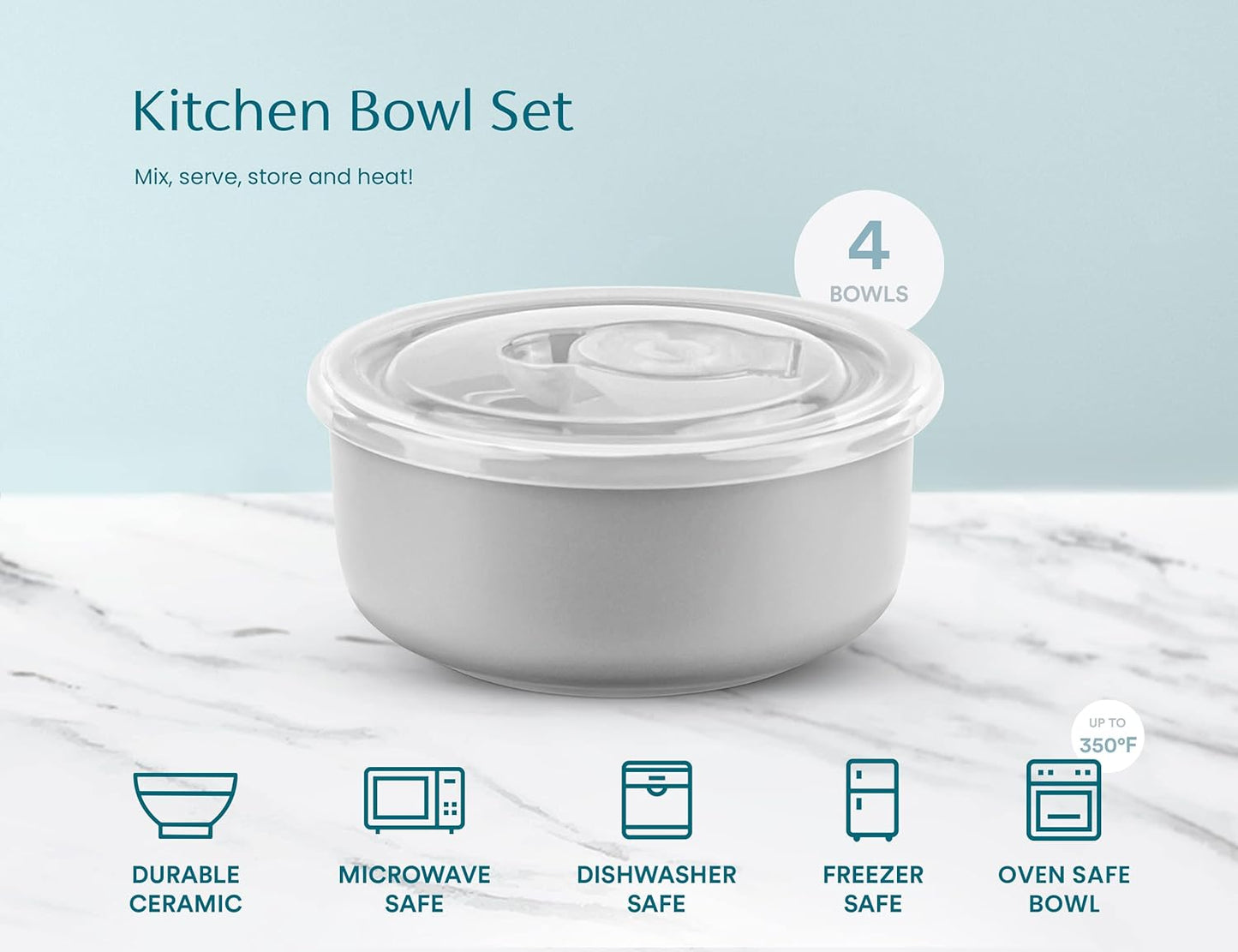 KooK Ceramic Mixing Bowls, Nesting Bowls, Set of 4, Kitchen Bowls, Prep, Serving, Gift, Microwave and Dishwasher Safe, 10/16/29/47 oz, (Grey)