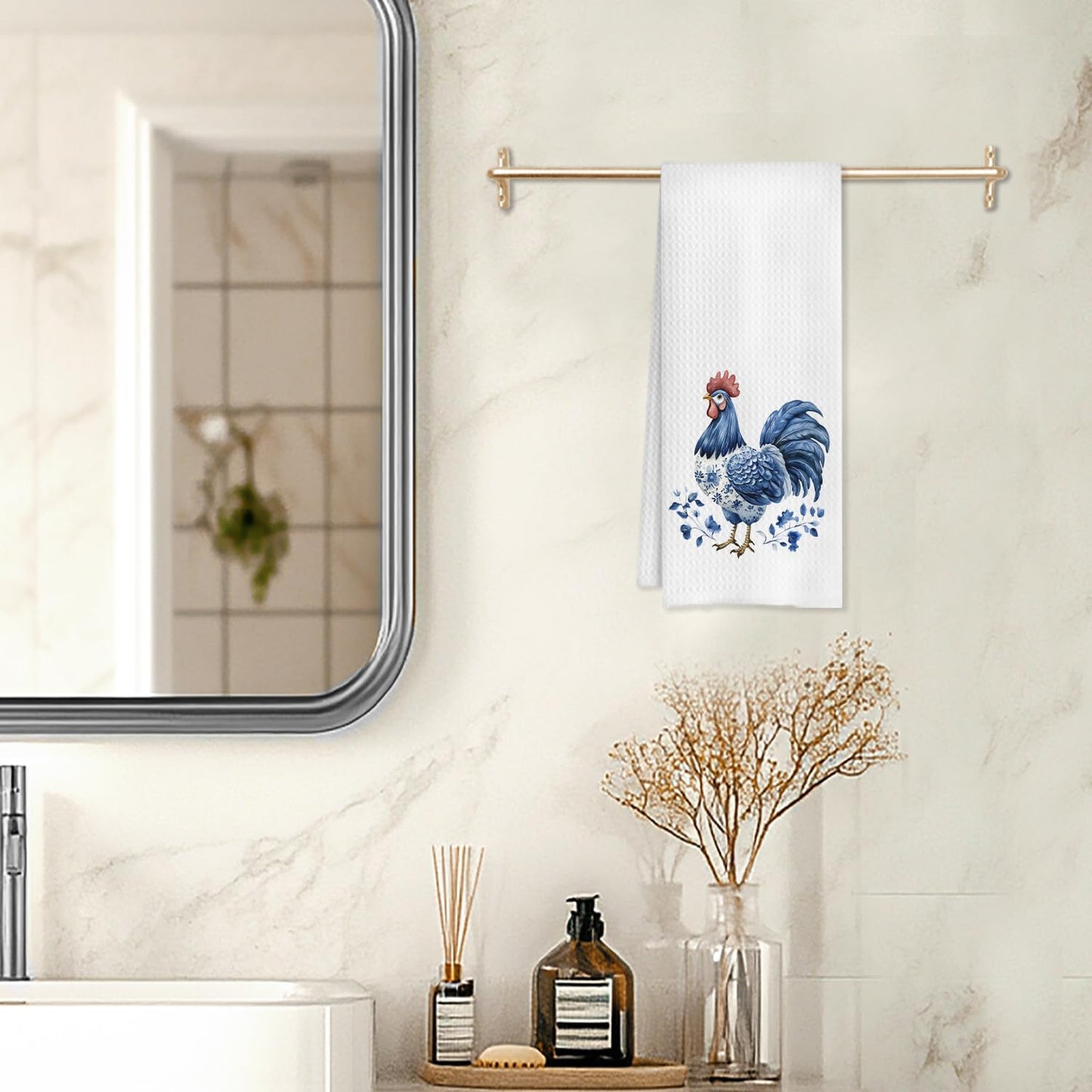 Chinoiserie Chicken Kitchen Towels, Chicken Lover Mom Lady Gifts Decorative Dish Tea Towels for Kitchen, Blue and White Floral Hen Hand Towels for Bathroom, 16x24 Inches