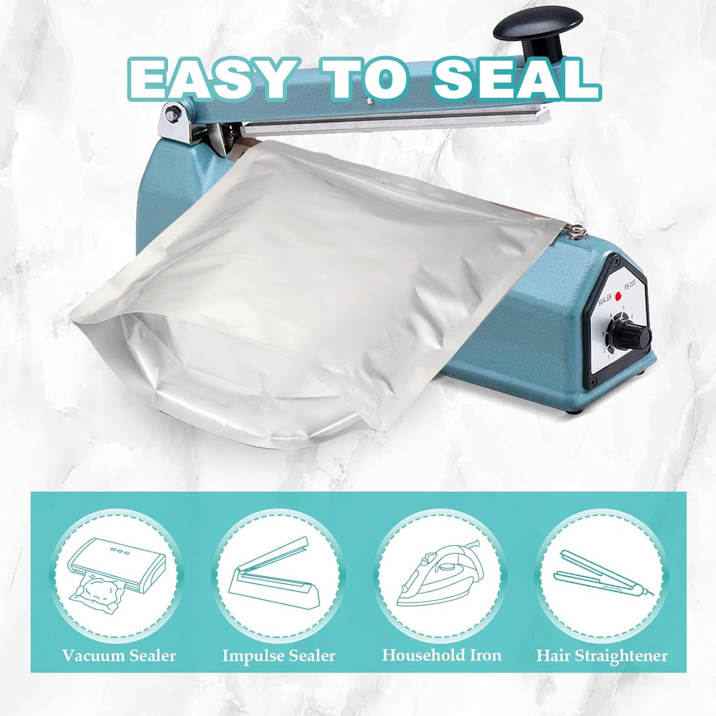 50pcs 1 Gallon Mylar Bags for Food Storage with Oxygen Absorbers 500CC (6 Packs of 10pcs) and Labels, 10 Mil 10"x14" Zipper Pouches Resealable and Heat Sealable for Long Term Food Storage (50 Bags)