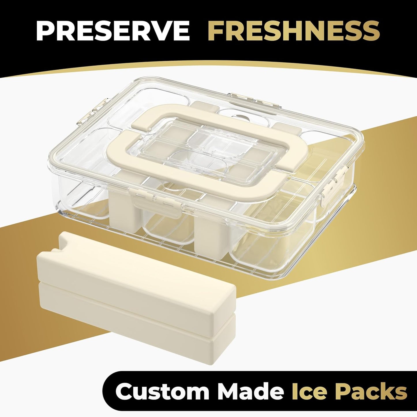 LEVANI Snack Box Container – (8) Clear & Stain Free Compartments, Extra Strong Handle - (2) Ice Packs to Preserve Freshness, Divided Serving Tray w/Lid, Transparent Storage Organizer, Snackle Boxes
