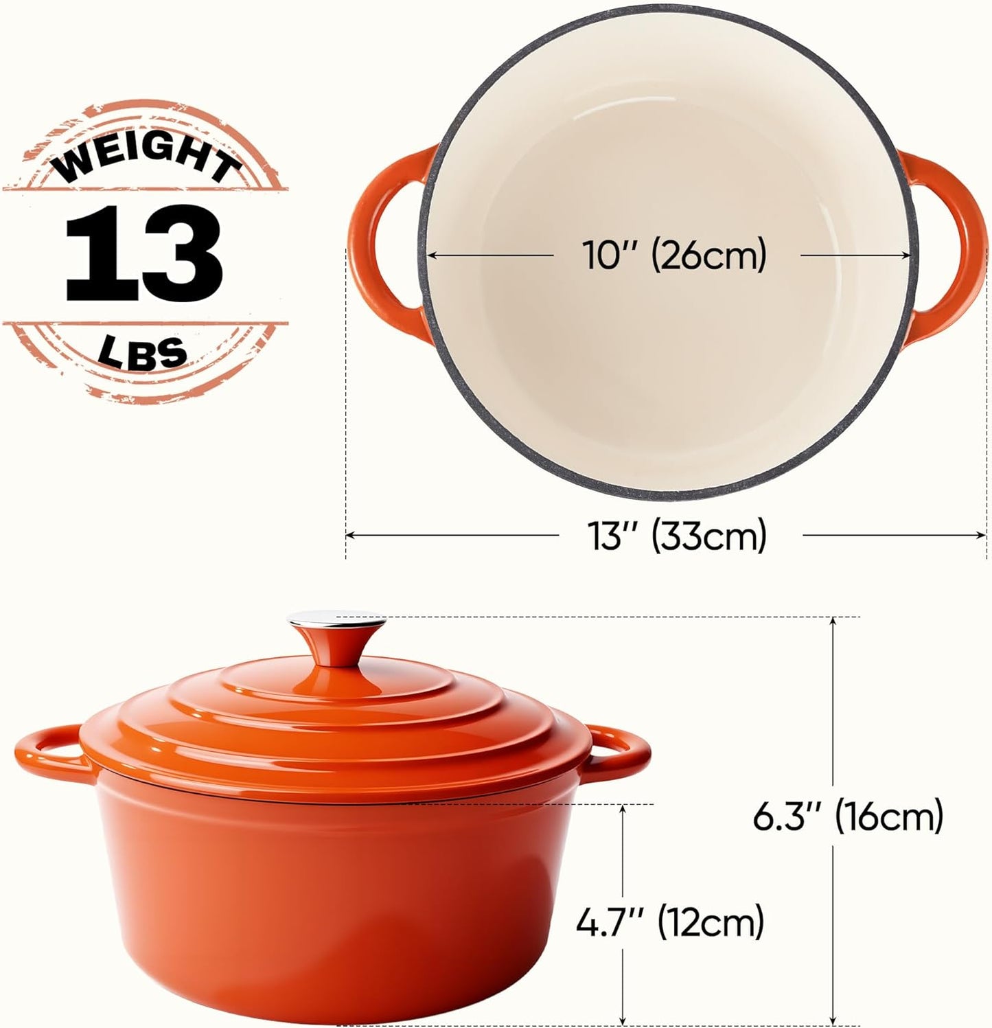 6 Quart Dutch Oven Pot with Lid, Non Stick Enameled Cast Iron Dutch Oven for Bread Baking, Heavy-Duty, Oven Safe Ceramic Cookware Up to 500°F for Baking, Braising, Stews, Roasting, Orange