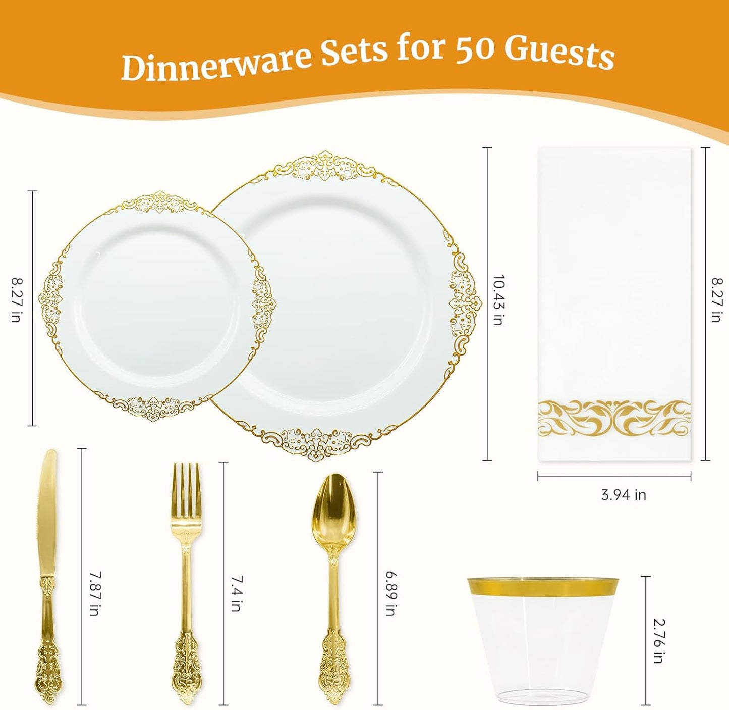 AIRE 350PCS Gold Plastic Plates for Party Supplies Dinnerware Sets for 50 Guests, Vintage Disposable Plastic Party Plates Cups Spoons Forks Knives Napkins for Wedding Birthday Christmas BBQ Parties