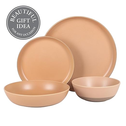 Gibson Elite Laguna Bliss 16 Piece Stoneware Reactive Glaze (Service for 4) Ceramic Plates and Bowls Dinnerware Set - Matte Clay W/Terracotta Bottom