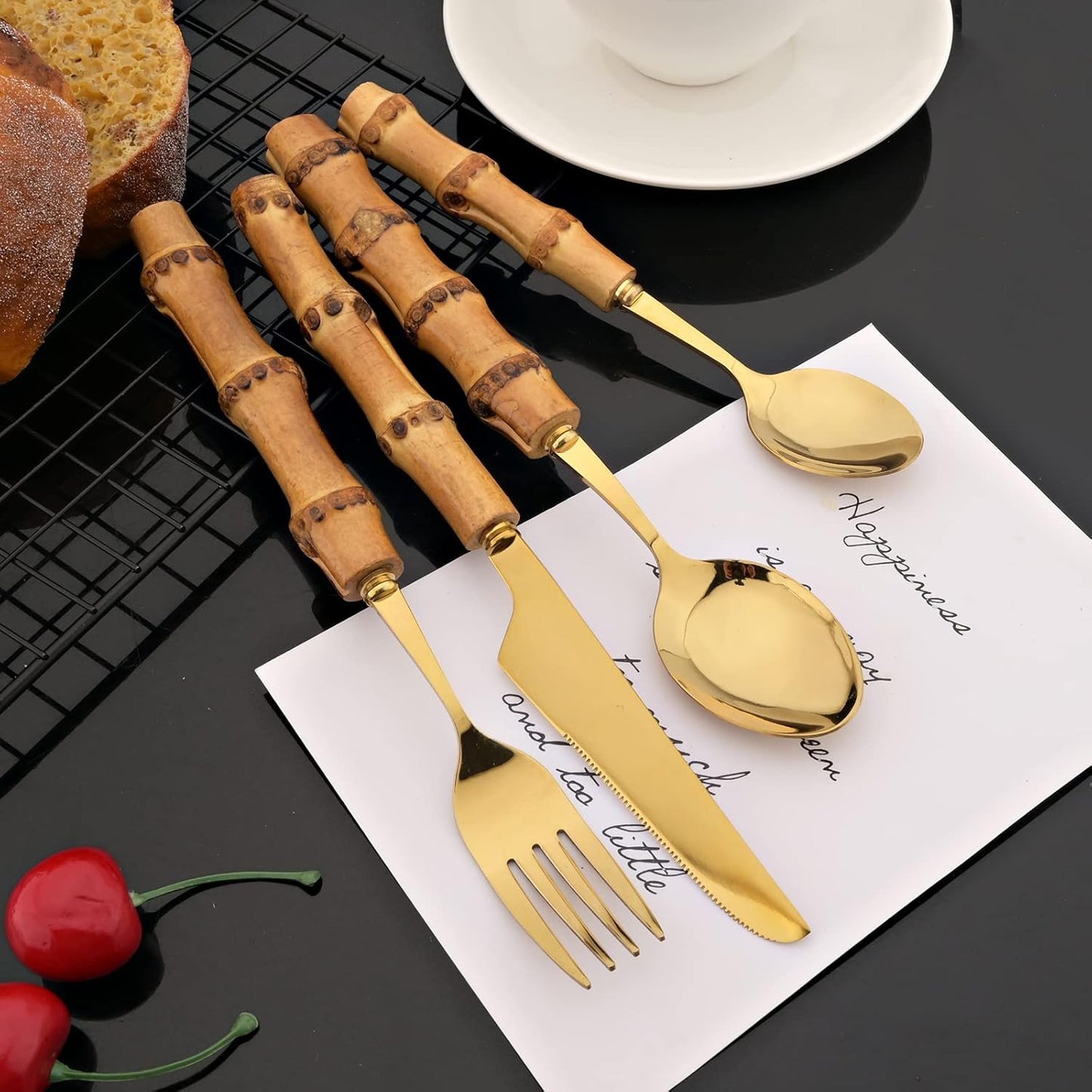 JASHII 16 Pieces Bamboo Handle Silverware Set Natural Bamboo Stainless Steel Flatware Cutlery Utensils,Service for 4, Include Knife Fork Spoon Teaspoon. - Bamboo Gold