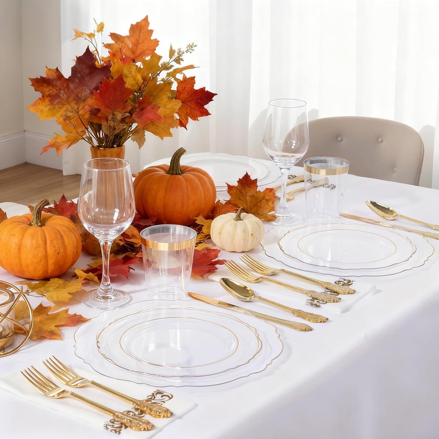 KIRE 210Pcs Clear and Gold Plastic Plates - Heavy Duty Clear Plates with Gold Rim - Disposable Dinnerware Sets of 60 Plastic Plate 90 Silverware 30 Cups 30 Napkins for Wedding/Thanksgiving Parties