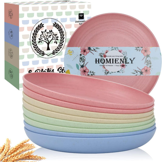 Homienly Deep Dinner Plates Set of 8 Alternative for Plastic - Microwave & Dishwasher Safe Wheat Straw Plates with 4 Colors (Fresh Light, 9 inch)