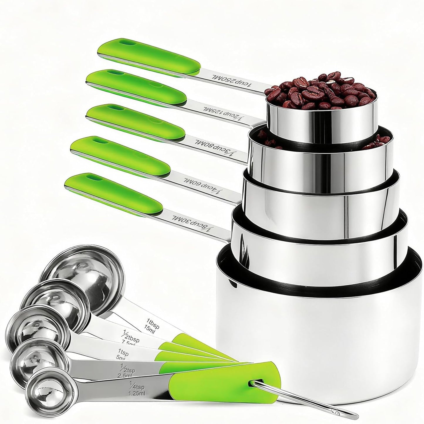 Measuring Cups and Spoons Set, Stainless Steel 10 Piece for Cooking and Baking (5 Cups + 5 Spoons, Green Handle)