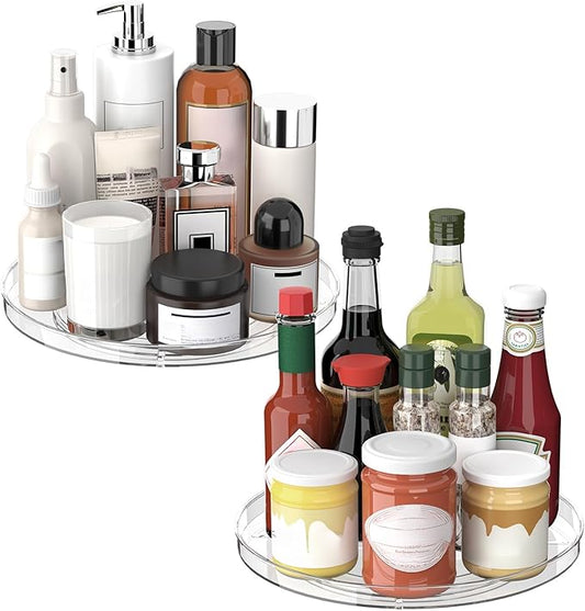 2 Pack Lazy Susan Organizer, Turntable Clear 9 Inch Rotating Organizer Tray for Cabinet Table Top, Round Non-Skid Fridge Lazy Susan, Spinning Kitchen Storage for Pantry Bathroom Counter, Spice Rack