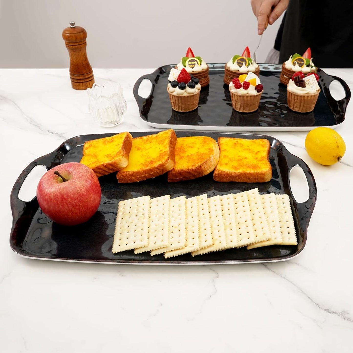 TP Serving Trays with Handles, 17 Inch Large Rectangular Melamine Serving Platter Set of 2, Retro Black