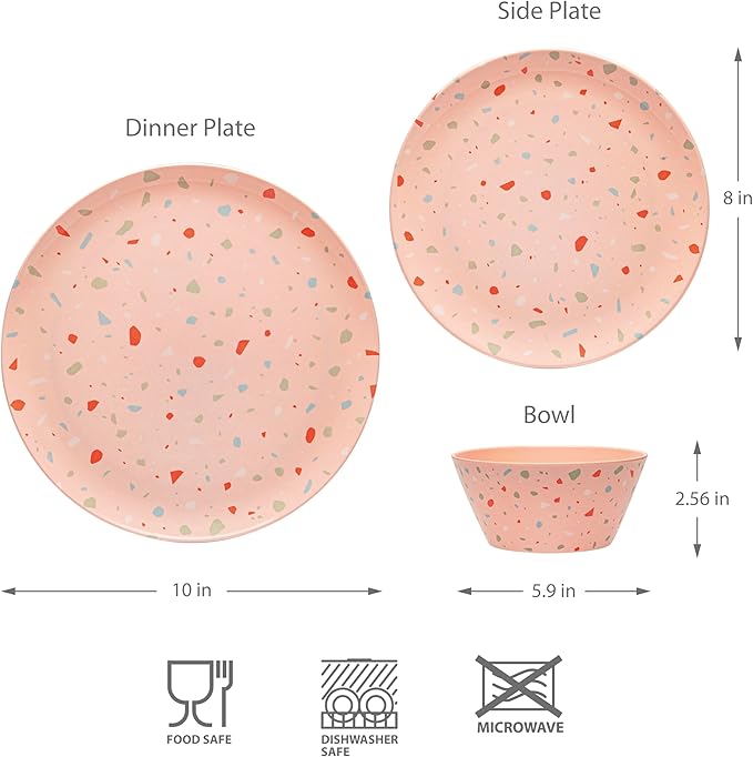 Bzyoo 12-Piece Melamine Dinnerware Set - Confetti Pink Plates and Bowl Lightweight BPA-Free Dishwasher Safe Dish Set for Indoor & Outdoor Use - Perfect for Camping, BBQs, Kids Parties