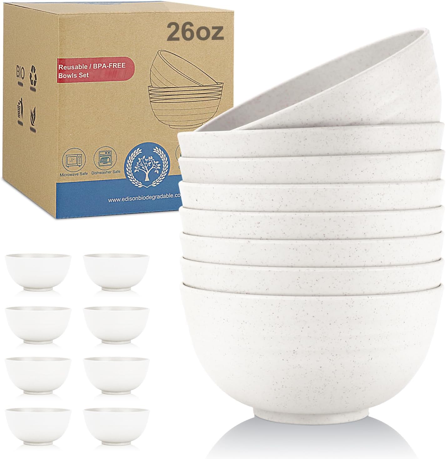 Wrova Wheat Straw Bowls Set of 8, Unbreakable White Cereal Bowl 26OZ, Microwave and Dishwasher Safe Oatmeal Bowls, Kitchen Bowl Suitable for Cereal,Salad,Snack (White)