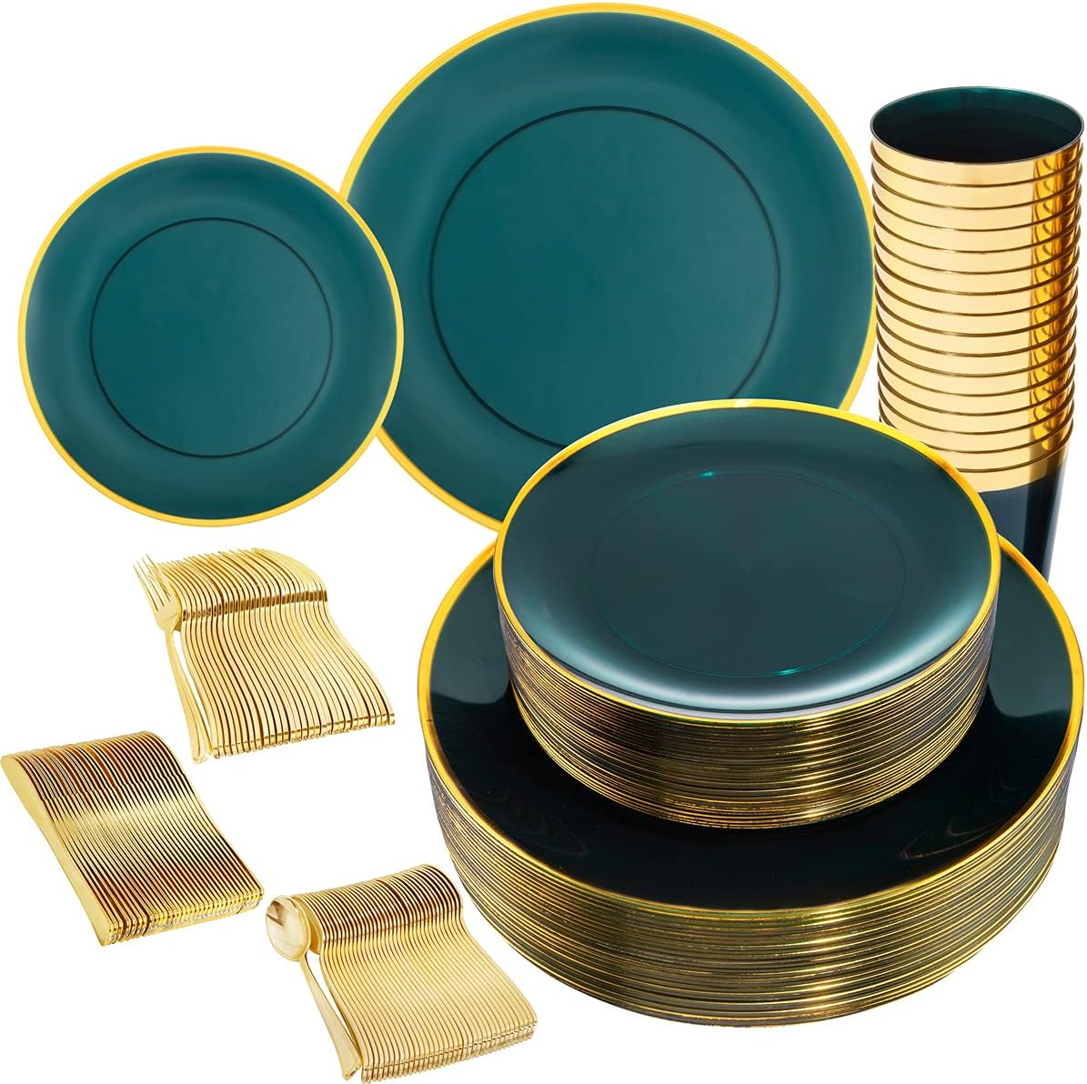 LIYH 180 Pcs Clear and Green Gold Plastic Christmas Plates - Emerald Green Disposable Plastic Dinnerware Sets, Include Dishes, Tableware, Cups for Party & Christmas & Wedding 30 Guests