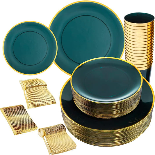 LIYH 180 Pcs Clear and Green Gold Plastic Christmas Plates - Emerald Green Disposable Plastic Dinnerware Sets, Include Dishes, Tableware, Cups for Party & Christmas & Wedding 30 Guests