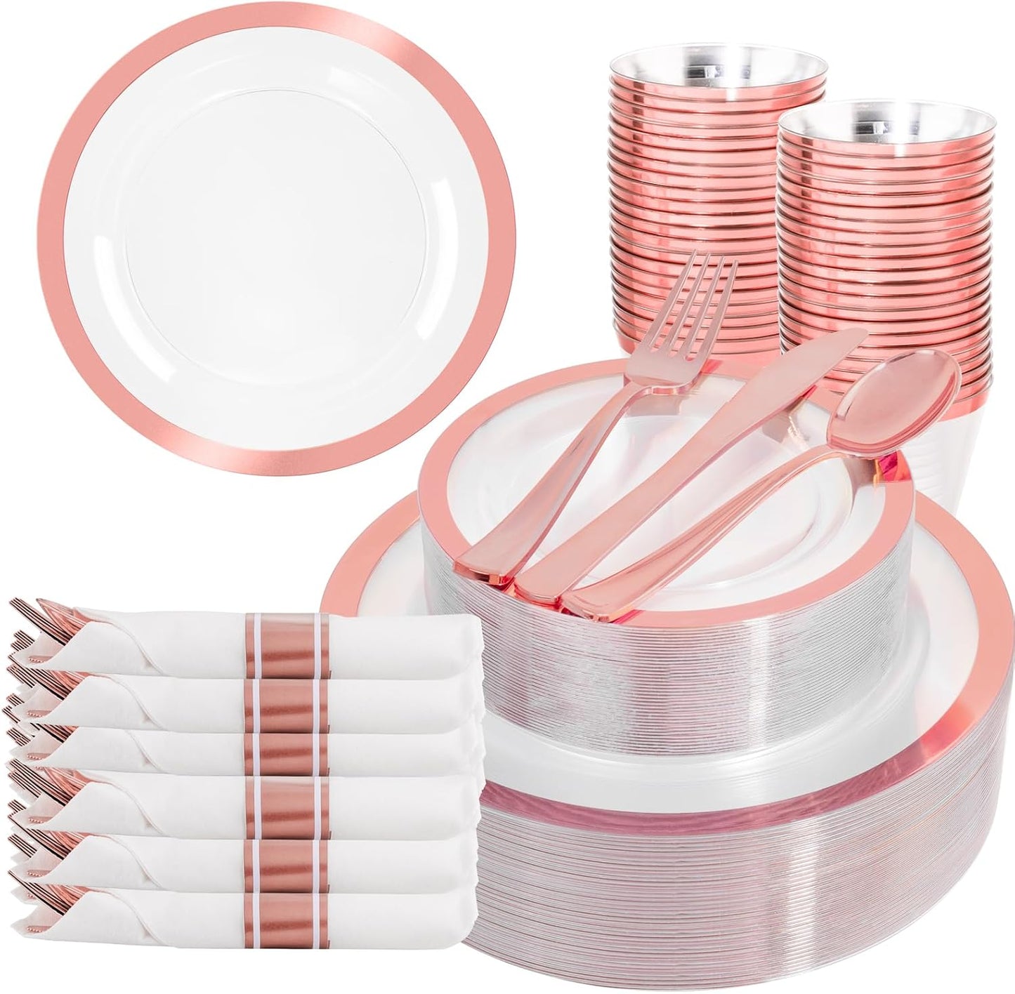 Liacere 350PCS Rose Gold Plastic Plates - Clear with Rose Gold Rim for 50Guests Dinnerware - Include 100 Plates disposable 150 PCS Silverware 50 Napkins for Wedding＆Party