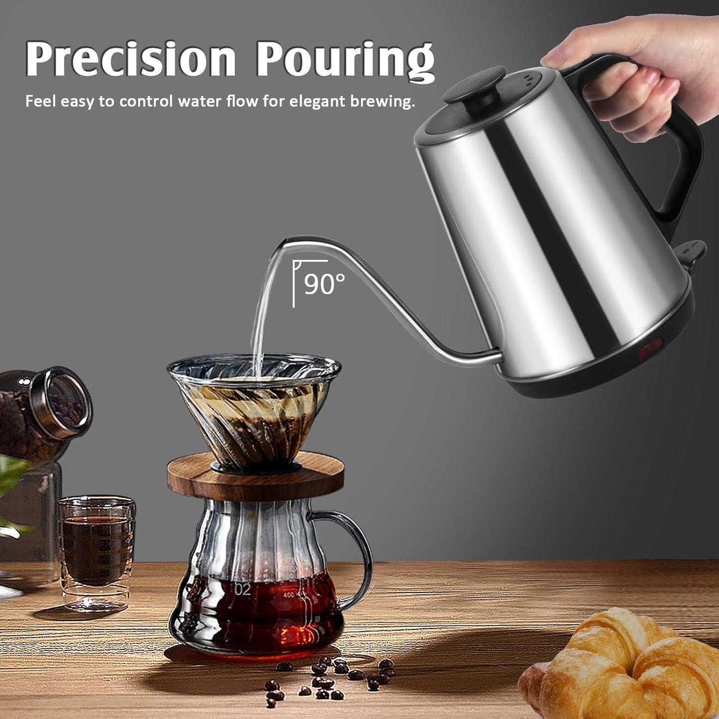 1L Electric Gooseneck Kettle, Tea Kettle for Boiling Water, Gooseneck Electric Kettle for Coffee & Tea, Fast Boiling for Pour Over, Auto Shut-Off, Boil-Dry Protection, 360° Rotational Base - Silver