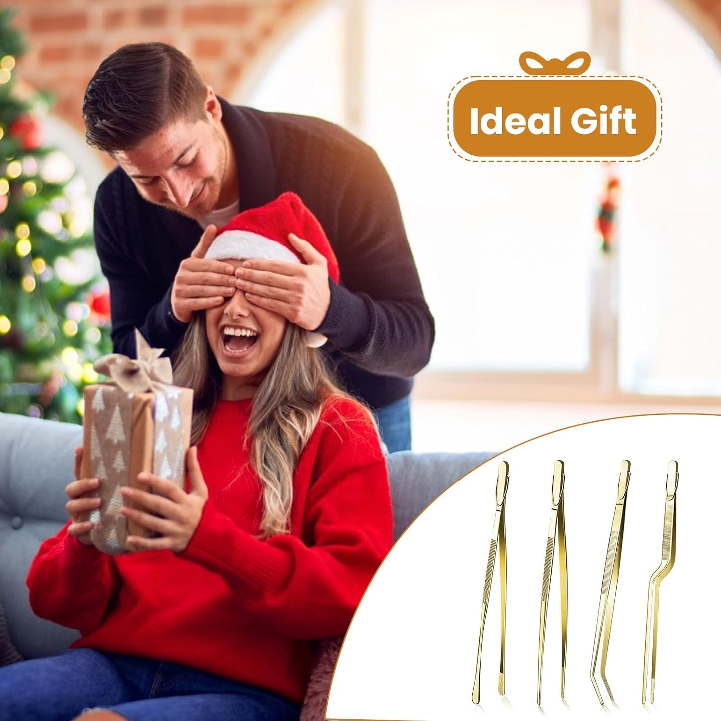 GEEKHOM 4 Pcs 12-Inch Gold Premium Tweezer Tongs, Full-Size Stainless Steel Set for Culinary, Restaurant, Buffet & Party Serving