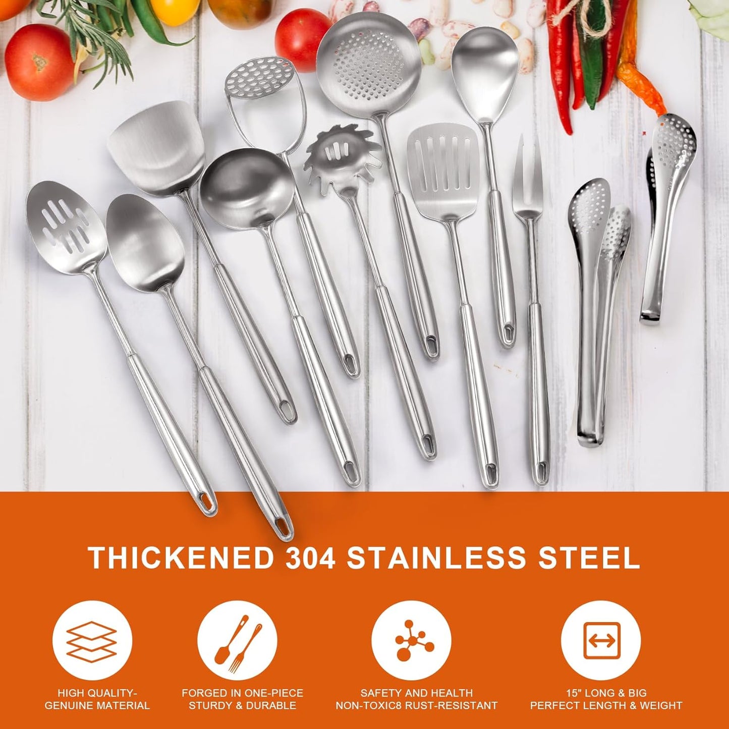 18/10 Stainless Steel Kitchen Utensils, Metal Cooking Utensils Set, 12 PCS Large Metal Cooking Utensil Tools Set