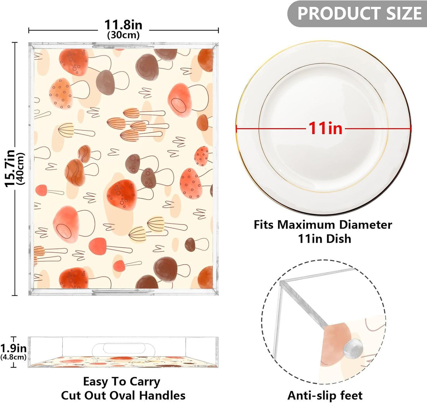 Acrylic Serving Tray with Handles Spill Proof Kitchen Storage Tray Clear Decorative Tray Makeup Drawer Organizer Storage Tray for Bathroom Living Room Ottoman 15.7x11.8Inches