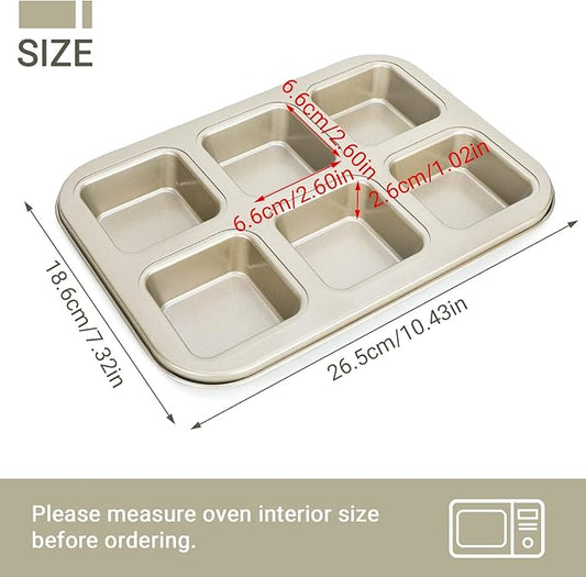 Beasea Brownie Pan, 1 Pack 6 Cavity Gold Nonstick Square Mini Brownie Muffin Cake Pan Cheesecake Cupcake Bakeware Carbon Steel Brownie Baking Tray 2x3 Individual Cutter Bakeware for Oven Baking