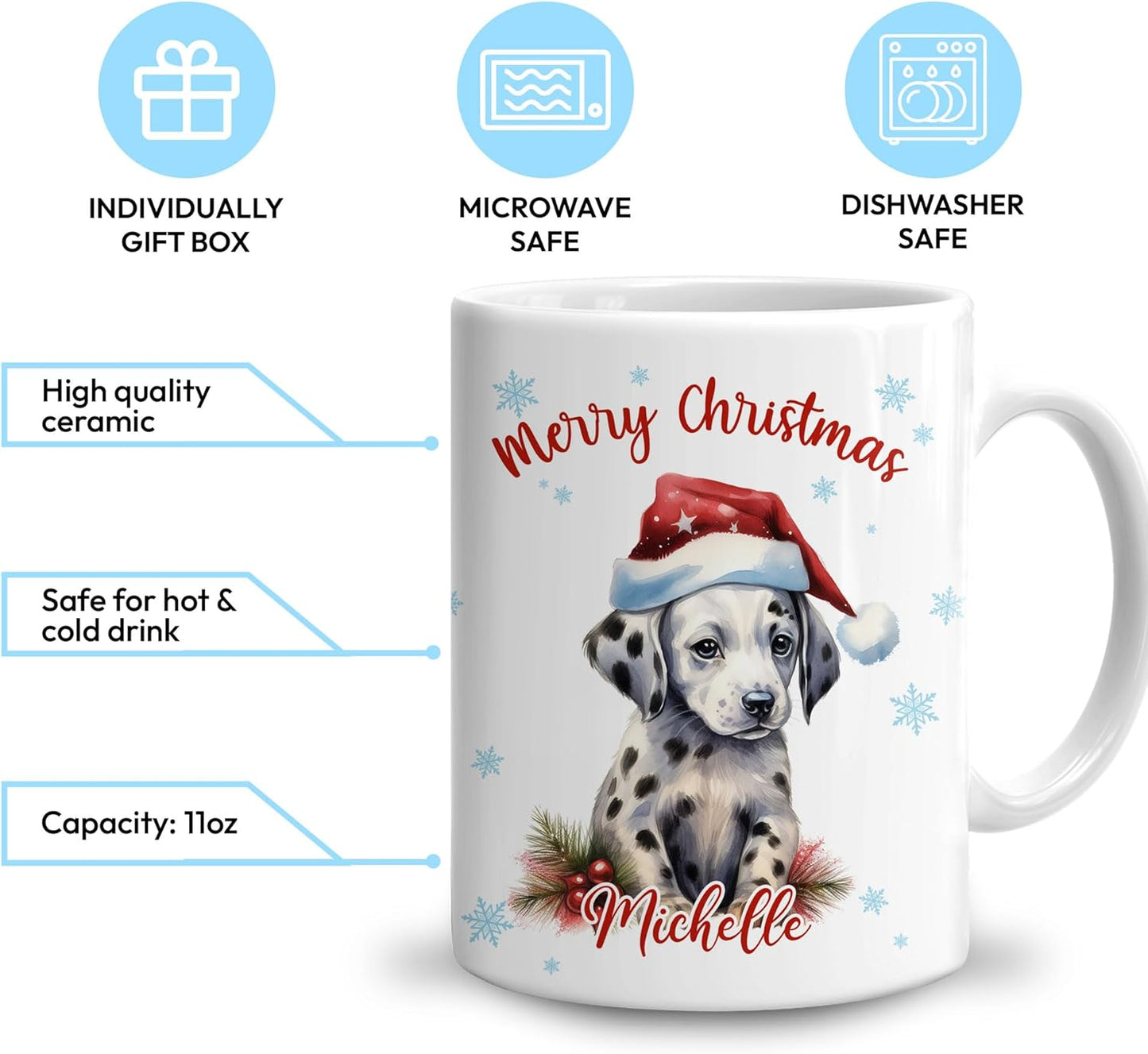 Hyturtle Personalized Gifts Dog Lover - Dalmatian Merry Christmas Custom Name Ceramic Coffee Mug Cup 11oz - Cute Animal Lovers Gifts For Women, Girl kids Family On Birthday, Christmas