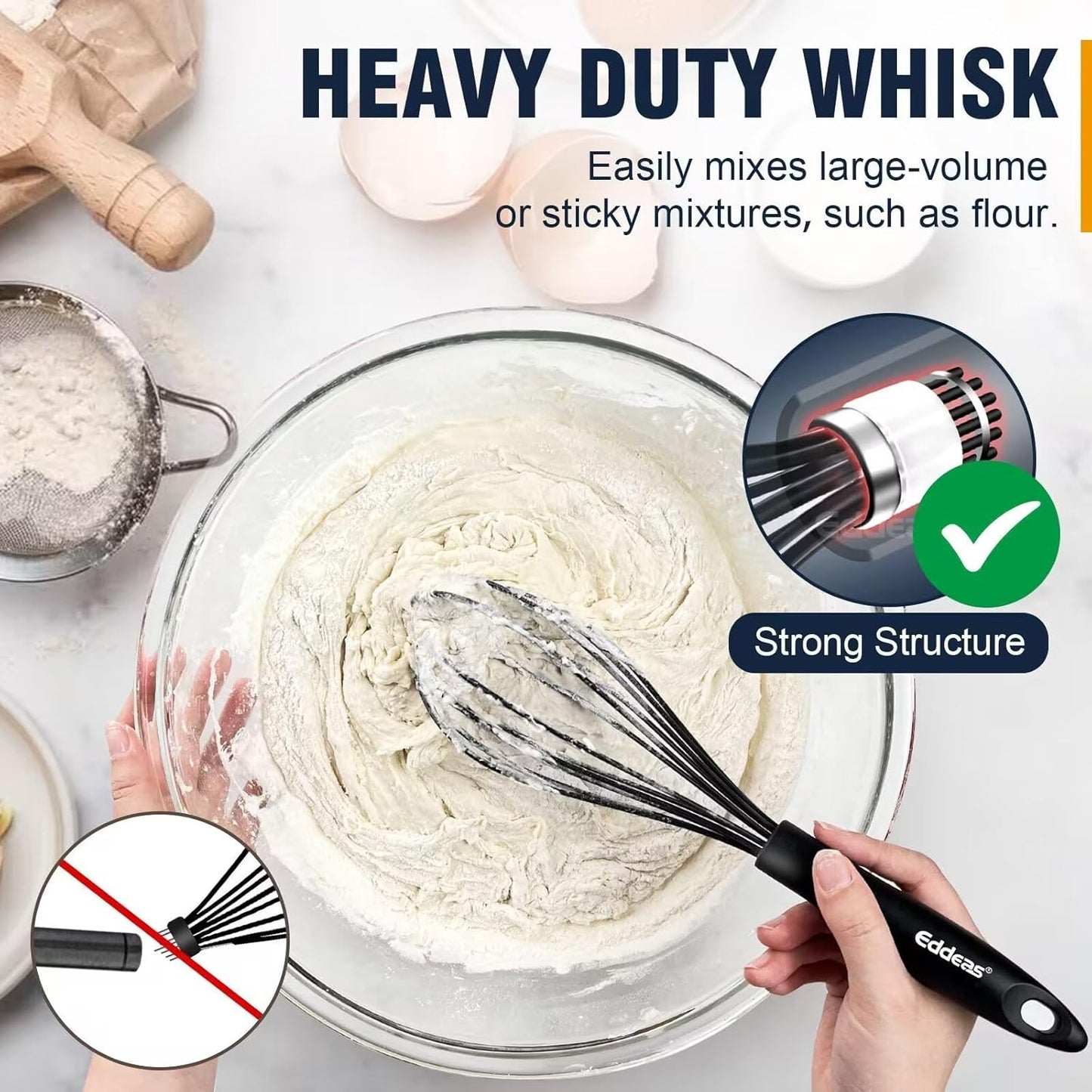 Silicone Whisk,Non Scratch Whisk for Cooking, 5+7+9+11in Balloon Whisks, Suitable for Mixing, Blending Whipping.11in Flat Whisks great for Ceramic Coated pans and Wider shallower pots.