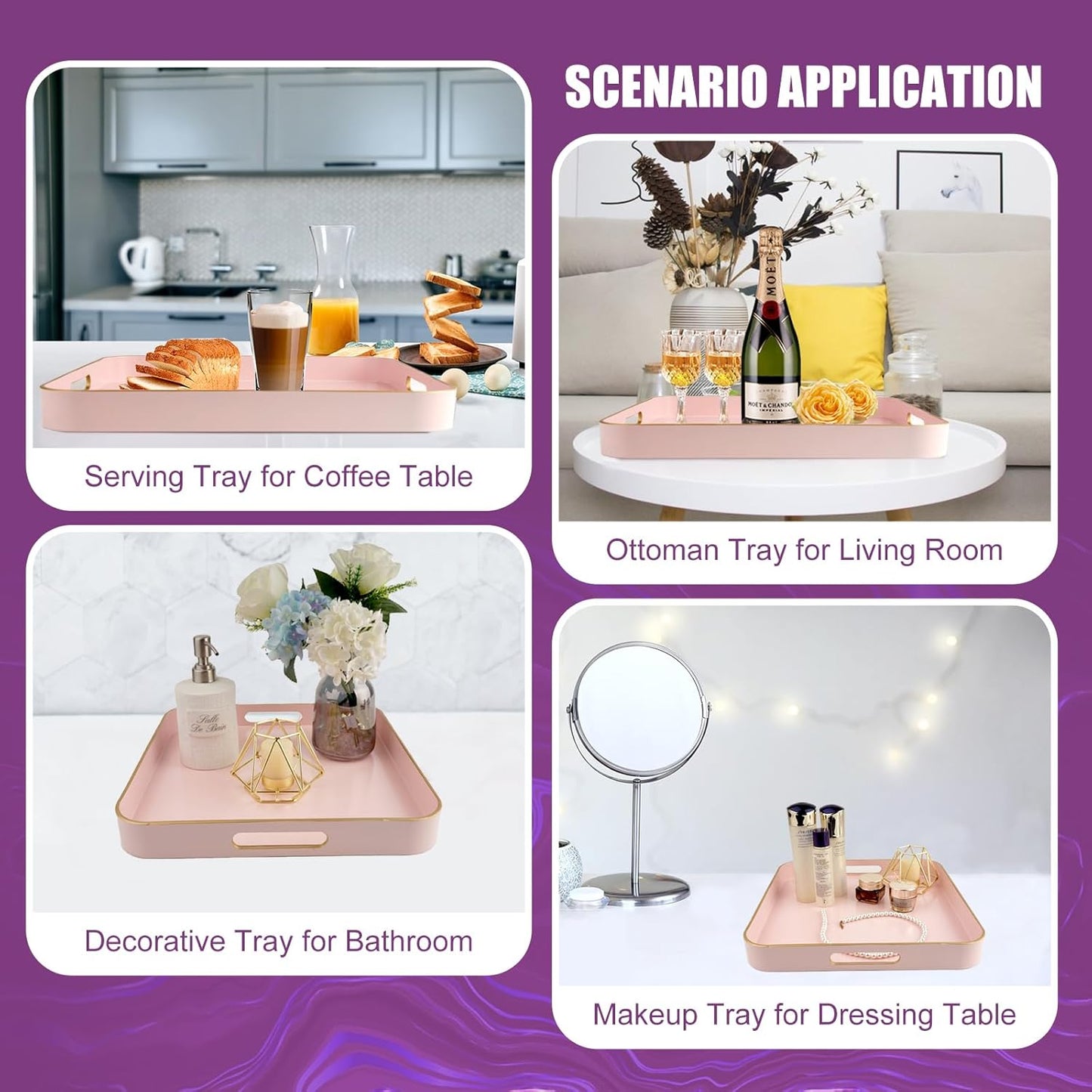 Gifturbo Pink Square Decorative Tray,Serving Tray with Handles with Gold Trimming Plastic Coffee Table Tray for Ottoman, Living Room, Home Decor,Bathroom with Gold Trimming, 13” x 13” x1.57”