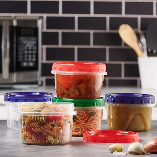 Twist Top Food Storage Containers 16 oz 12 Pack Plastic Freezer Storage Containers Leakproof Reusable with Screw on Colored Lids