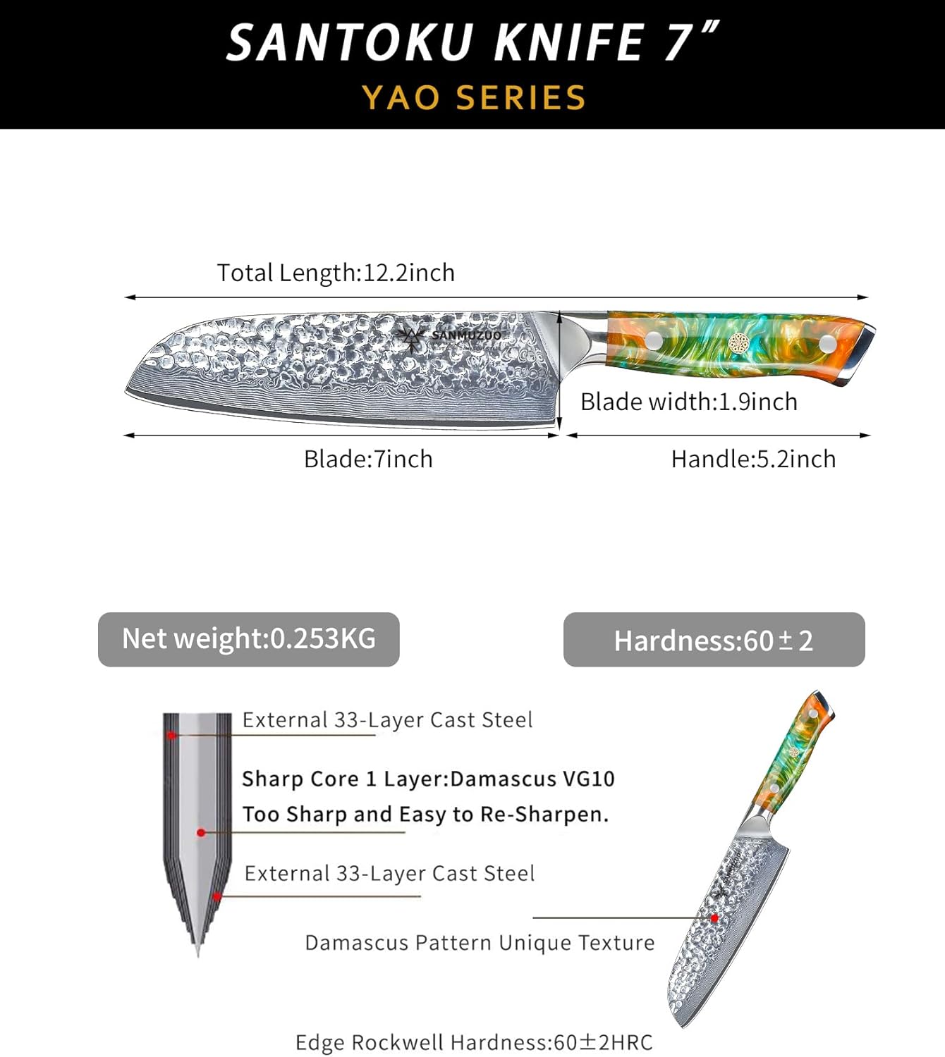 7" Santoku Knife - Japanese Chef Knife - Hammered Damascus Steel & Resin Handle - YAO Series