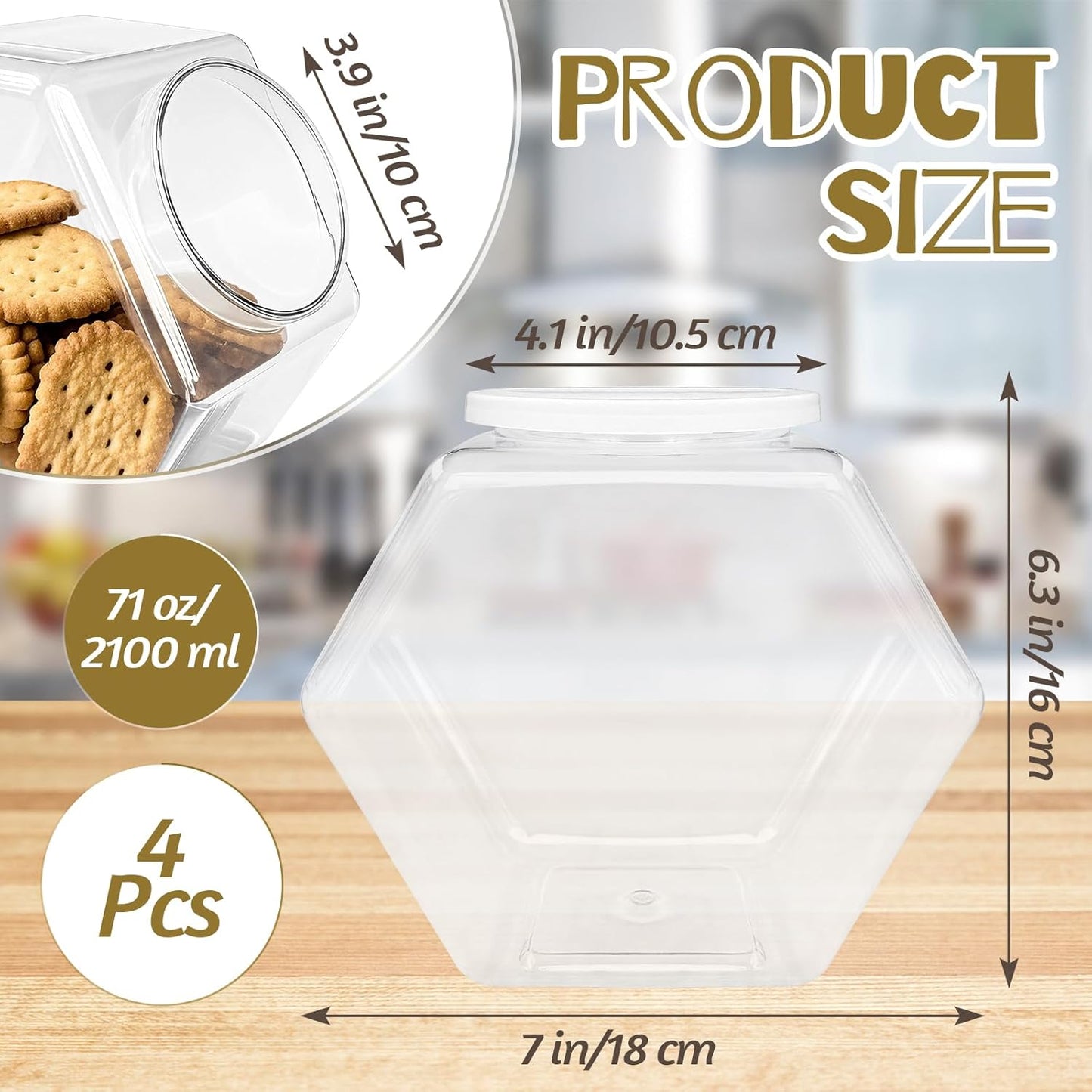 4 Pcs Plastic Candy Jars,71 Oz Clear Plastic Cookie Jars,Hexagonal Candy Containers with Lids for Kitchen,Dry Food,Candy,Dog Food,Cookies,Coffee Pod,Laundry Pod
