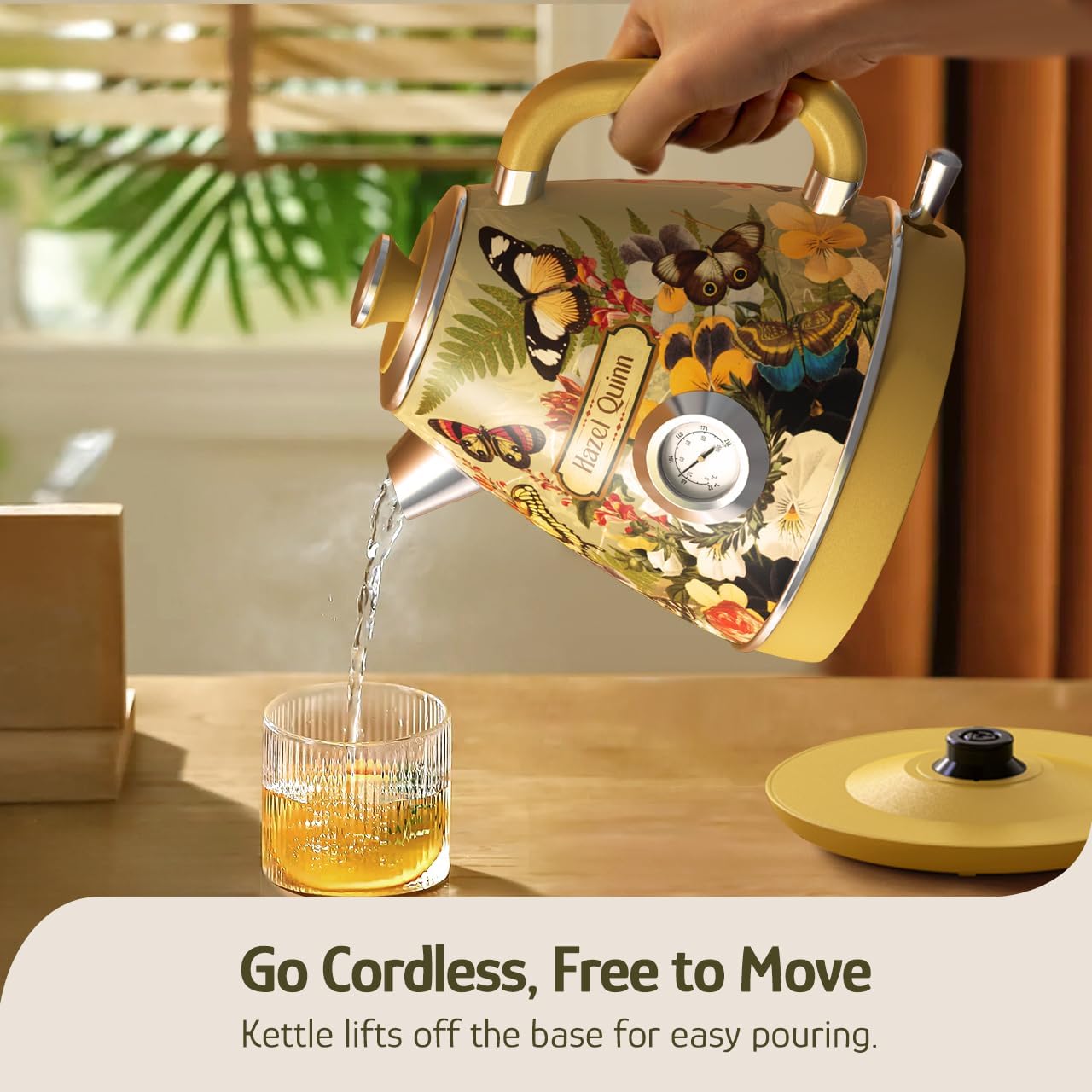 Hazel Quinn X Eduardo Recife Electric Kettle - 1200W Fast Water Boiling, 1.7L/57oz, All 304 Stainless Steel Interior, BPA-Free, Auto Shut-Off, Cordless Retro Teapot with Thermometer - Floral Patterned