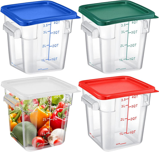 Maxcheck 4 Pcs 4Qt Food Storage Container with Lids Set Square Clear Commercial Containers with Scale and Handle Space Saving for Home Kitchen Restaurant Proof Dough Marinating Meat (Multicolor)