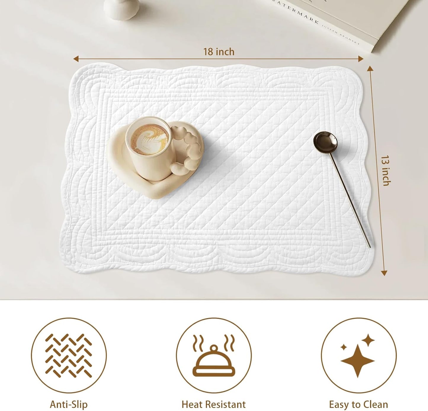 6 PC Quilted Placemats, 18"X13"Extra Large Cotton Placemats Set of 6, 100% Cotton Fabric Washable Cloth Table Mats for Kitchen & Dining Table - Soft &Easy Clean(Cream White, Rectangular)