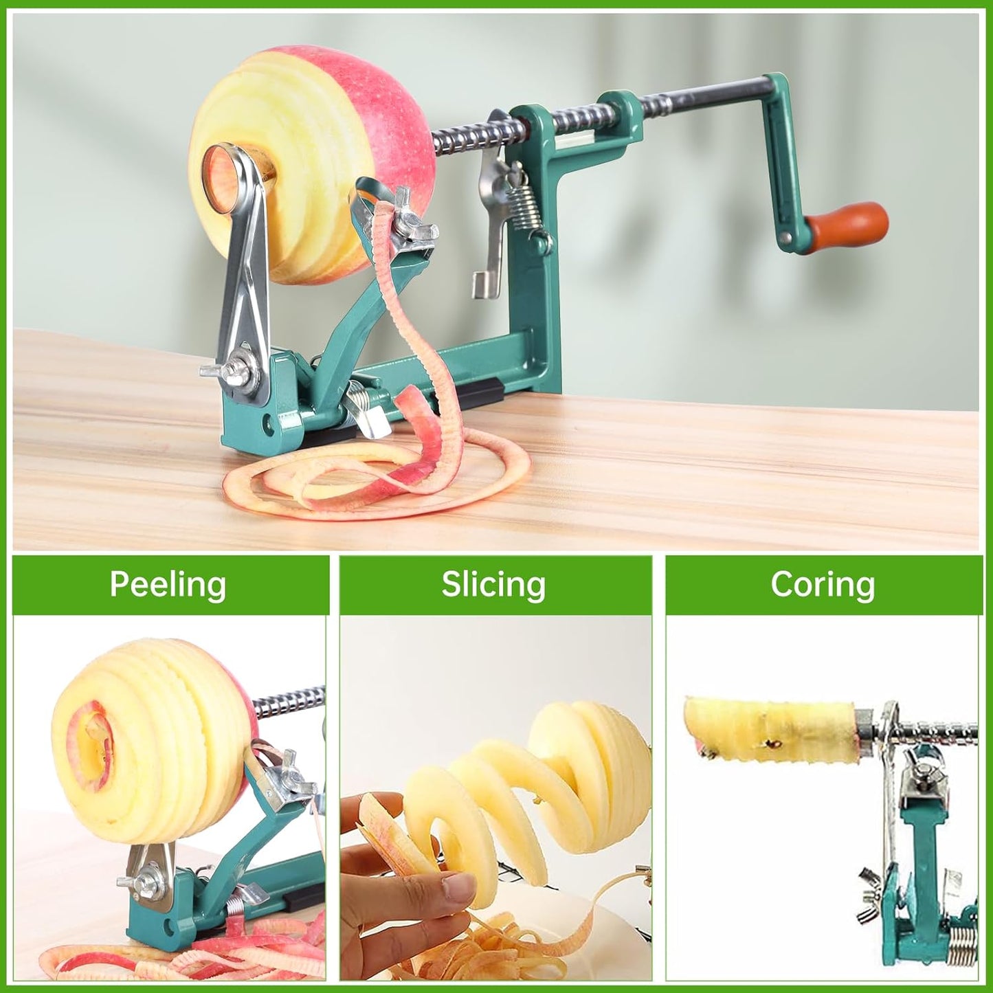 Apple Peeler Corer, Long lasting Chrome Cast Magnesium Alloy Apple Peeler Slicer Corer with Stainless Steel Blades and Powerful Clamp Base for Apples and Potato(DeepGreen)