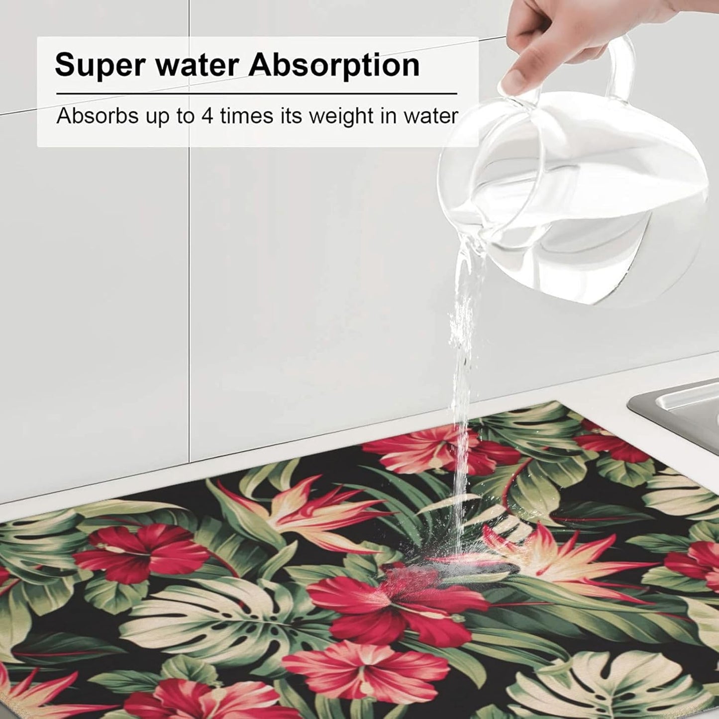 Red Flowers Dish Drying Mats for Kitchen Counter, Blossom Floral Large Mat Dishes Microfiber Diatom Mud Rack Drainer Pad Washable Absorbent Dry 18×24 Inch Coffee Bar Decor Coffee Station Accessories